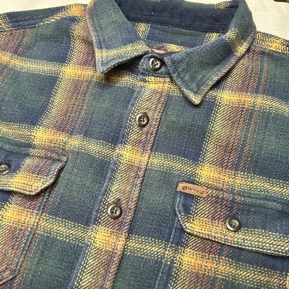 Orvis Flannel Shirt Mens Large Green Yellow Plaid Fleece Lined Collar Rugged